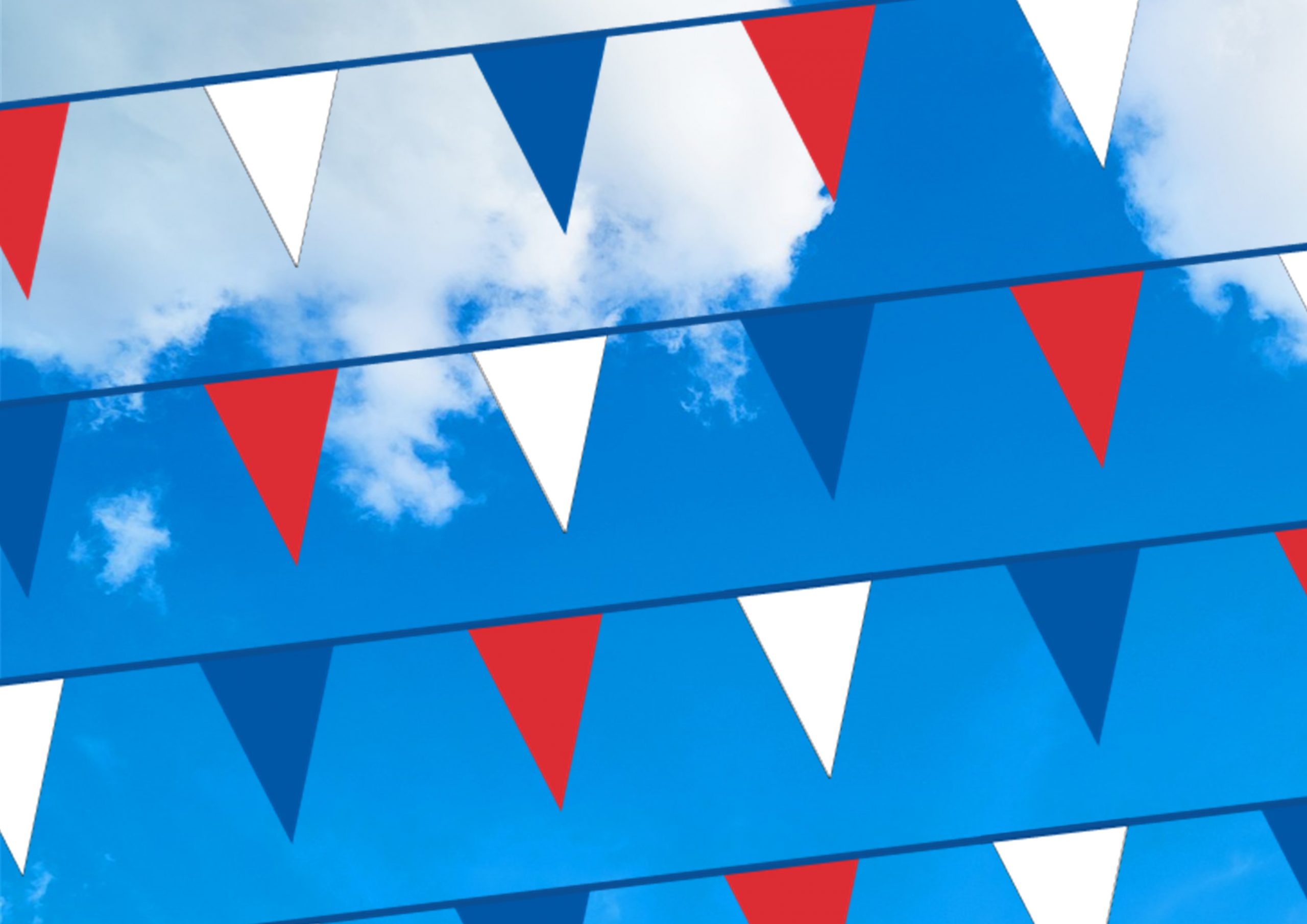 Red, white and blue bunting against a blue sky with white clouds